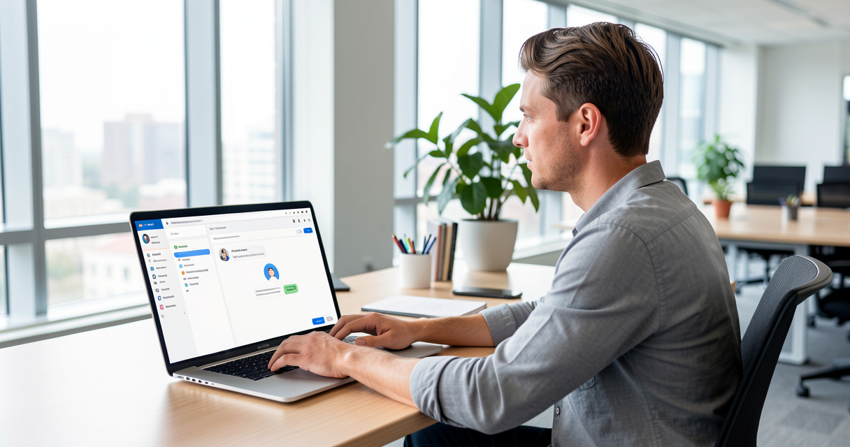 Utilisateur apprenant ChatGPT sur un ordinateur portable dans un bureau moderne