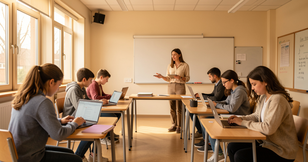 Étudiants en blended learning avec ordinateurs et formateur en salle de classe moderne