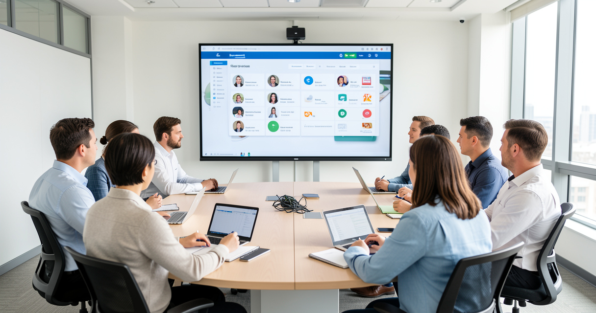 Formation hybride en entreprise avec écran numérique et participants en groupe