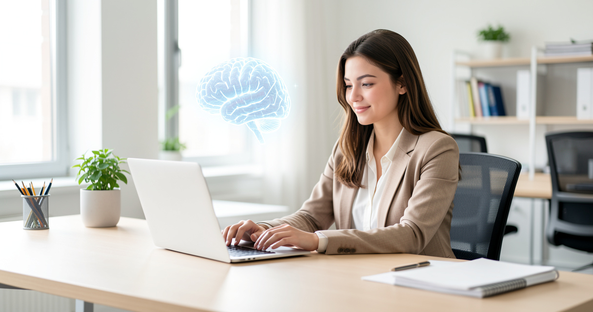 Femme suivant une formation IA CPF sur ordinateur avec icône d'intelligence artificielle
