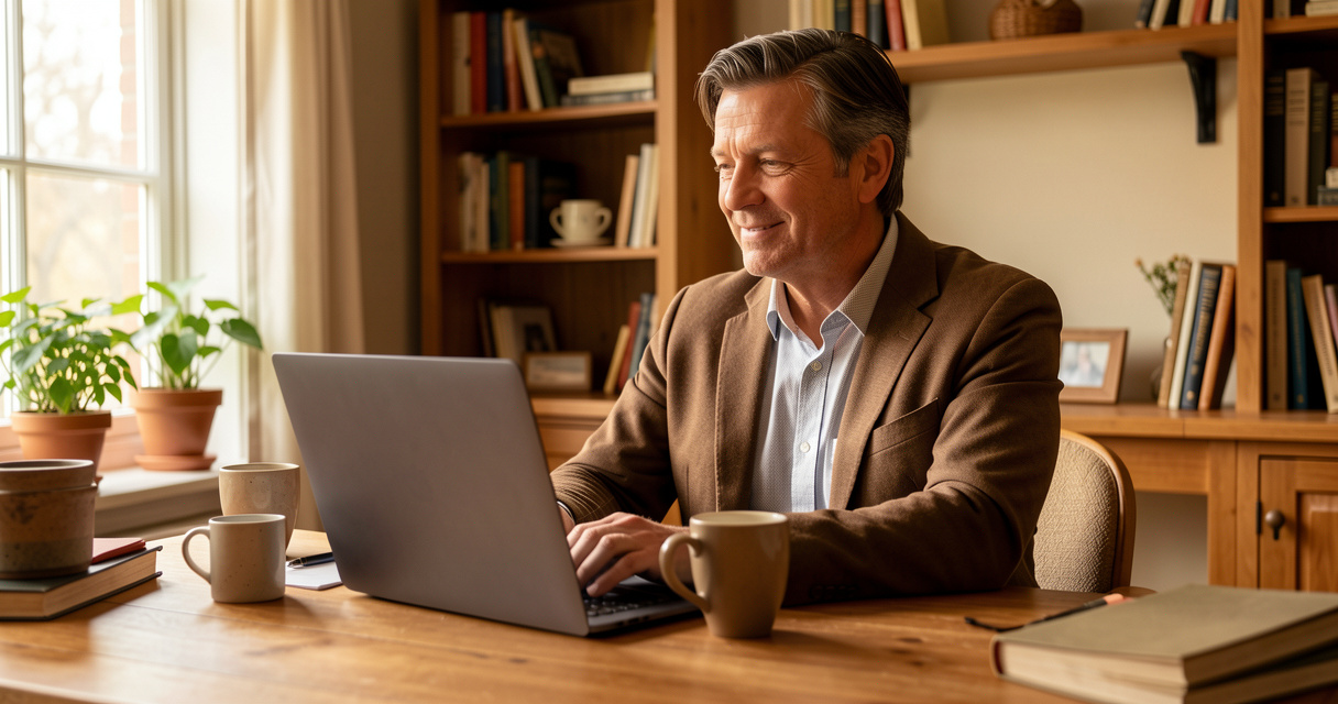 Adulte en reconversion suivant une formation en ligne depuis son domicile, ordinateur et café