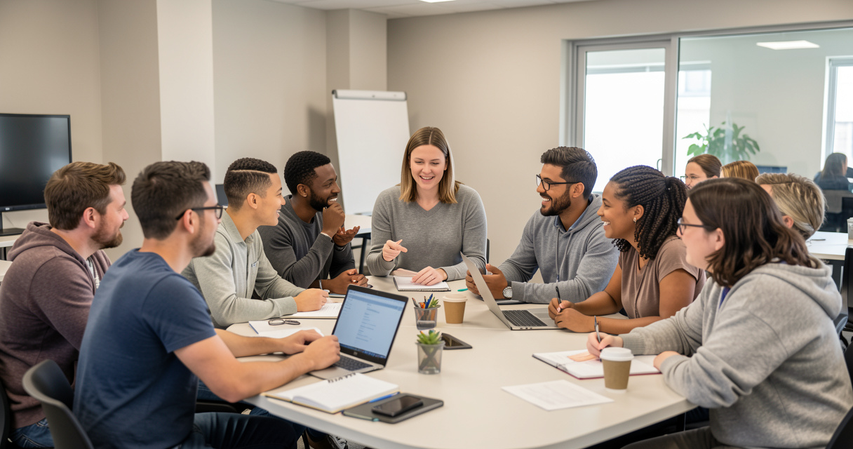 Groupe d'adultes en formation professionnelle avec un formateur dans une salle moderne