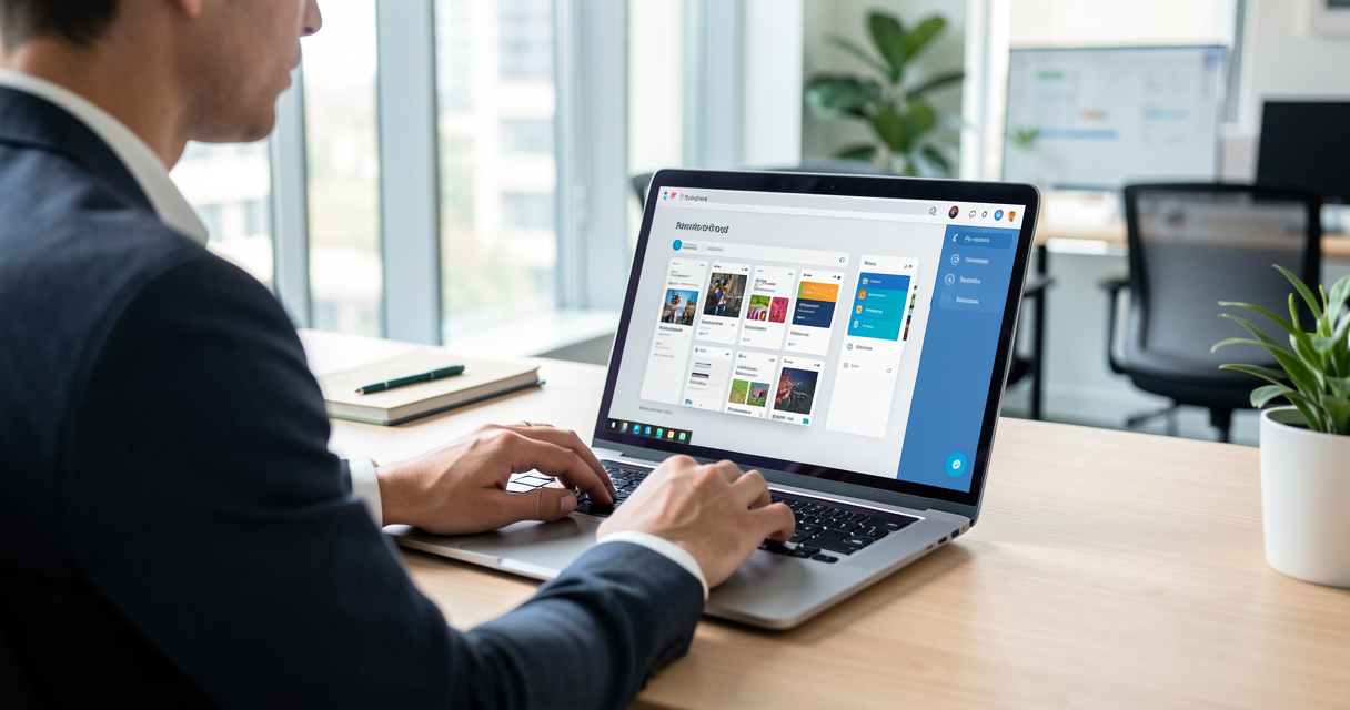 Personne utilisant une plateforme IA pour créer une application sans coder, bureau moderne