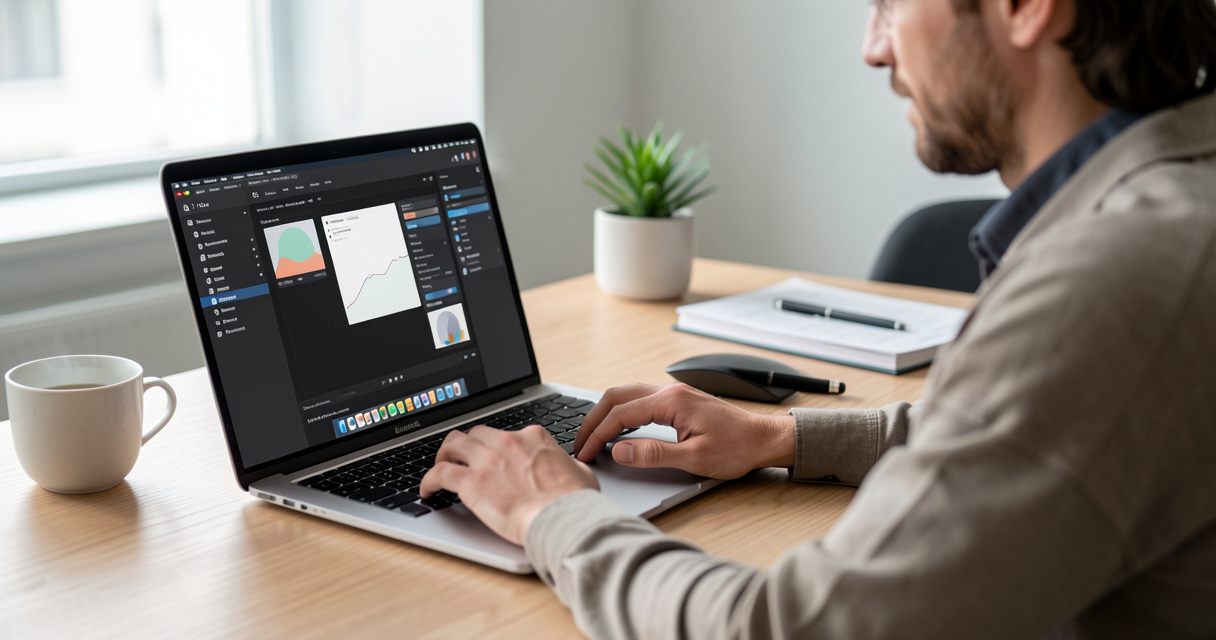 Designer professionnel utilisant l'interface web de Midjourney sur un ordinateur portable dans un bureau moderne