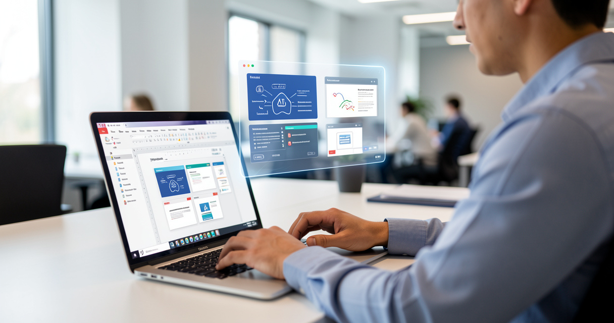 Personne utilisant un générateur de présentations IA sur un ordinateur portable dans un bureau moderne