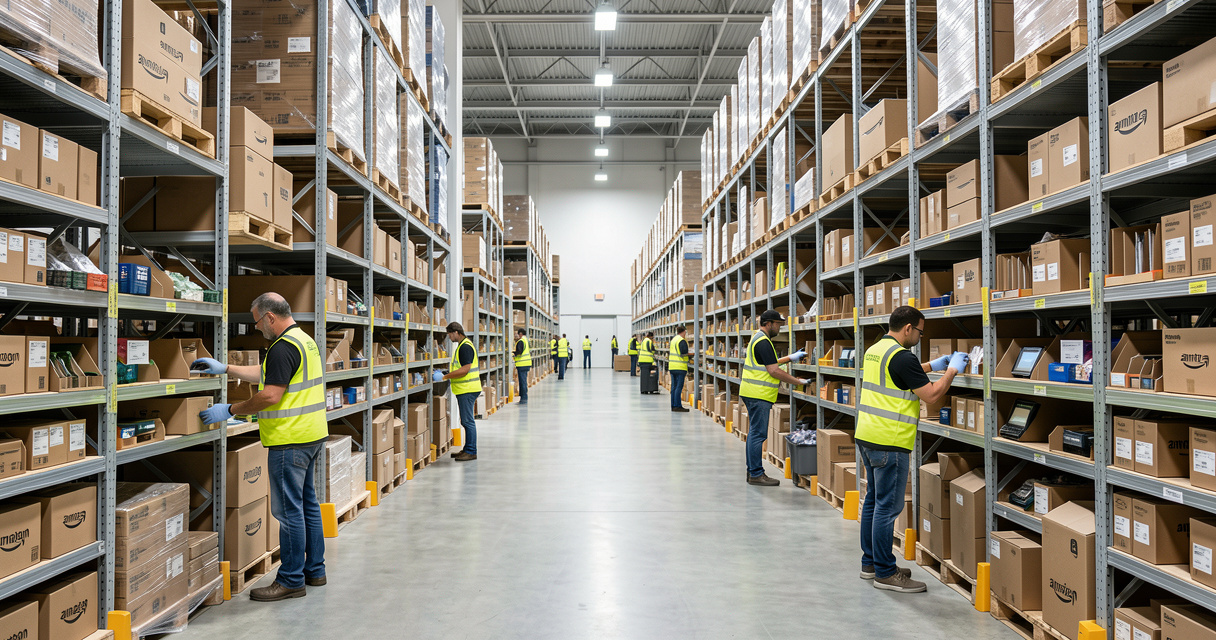 Préparateur de commandes Amazon dans un entrepôt logistique organisant des colis