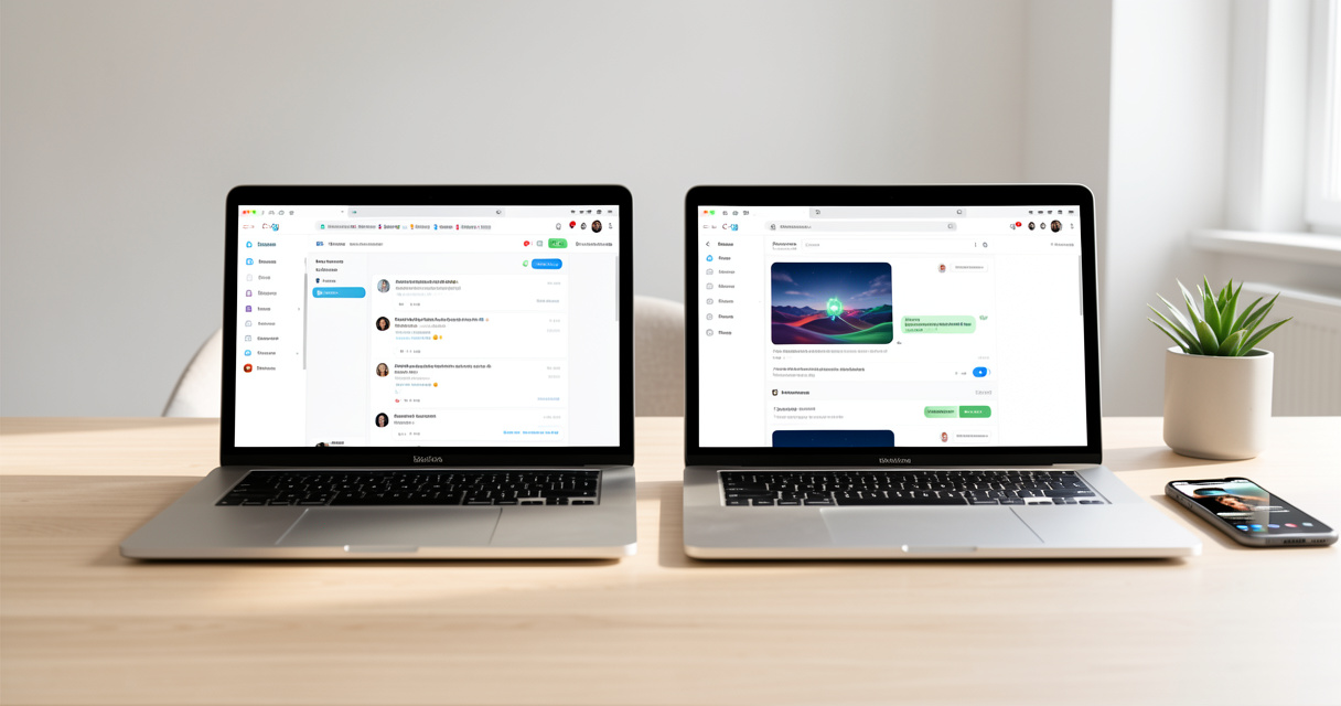 Deux ordinateurs portables côte à côte avec des interfaces d'IA conversationnelle, comparatif IA moderne
