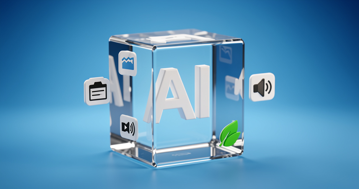 Cube transparent avec icônes IA et feuille verte symbolisant l'impact environnemental des outils IA