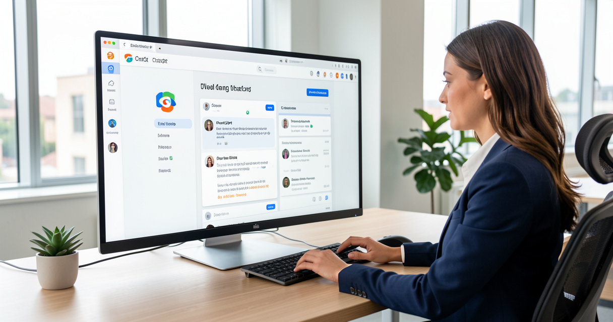 Femme en formation ChatGPT en ligne regardant un écran avec des exemples de prompts, bureau moderne