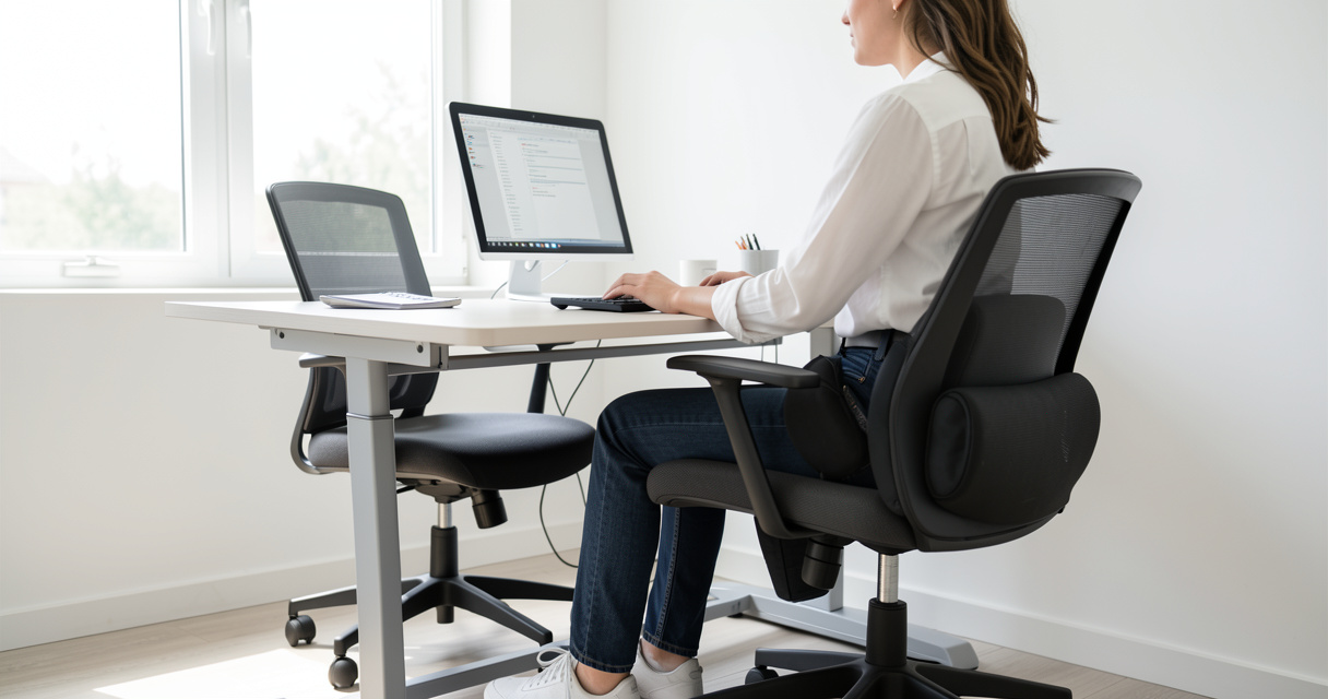 Poste de travail ergonomique avec coussin lombaire et bureau assis-debout pour favoriser la reprise après une discopathi
