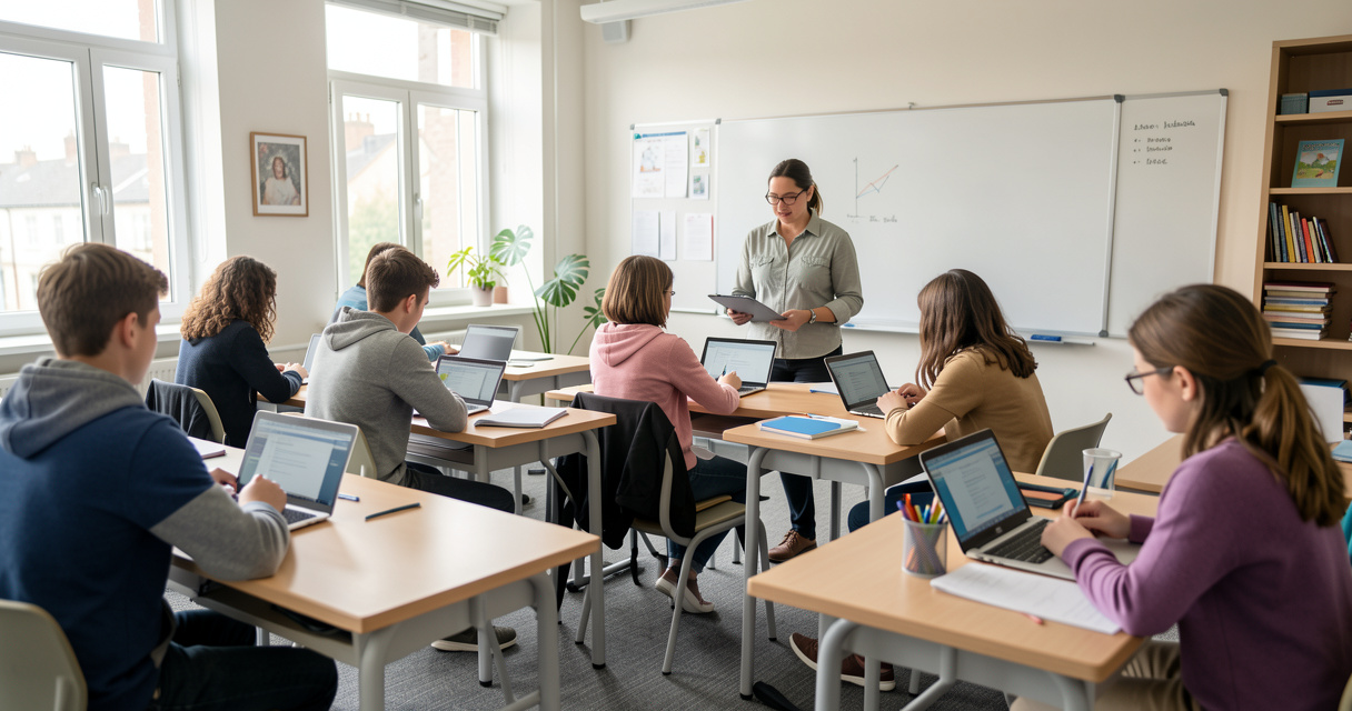 Salle de classe moderne avec élèves utilisant des ordinateurs et une enseignante, illustration d'une blended class
