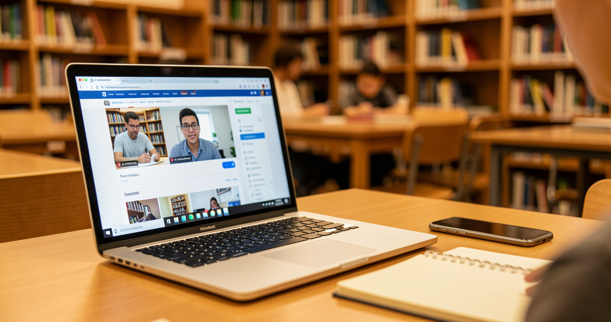 Étudiant suivant une leçon en ligne sur un ordinateur portable, concept d'apprentissage hybride flexible