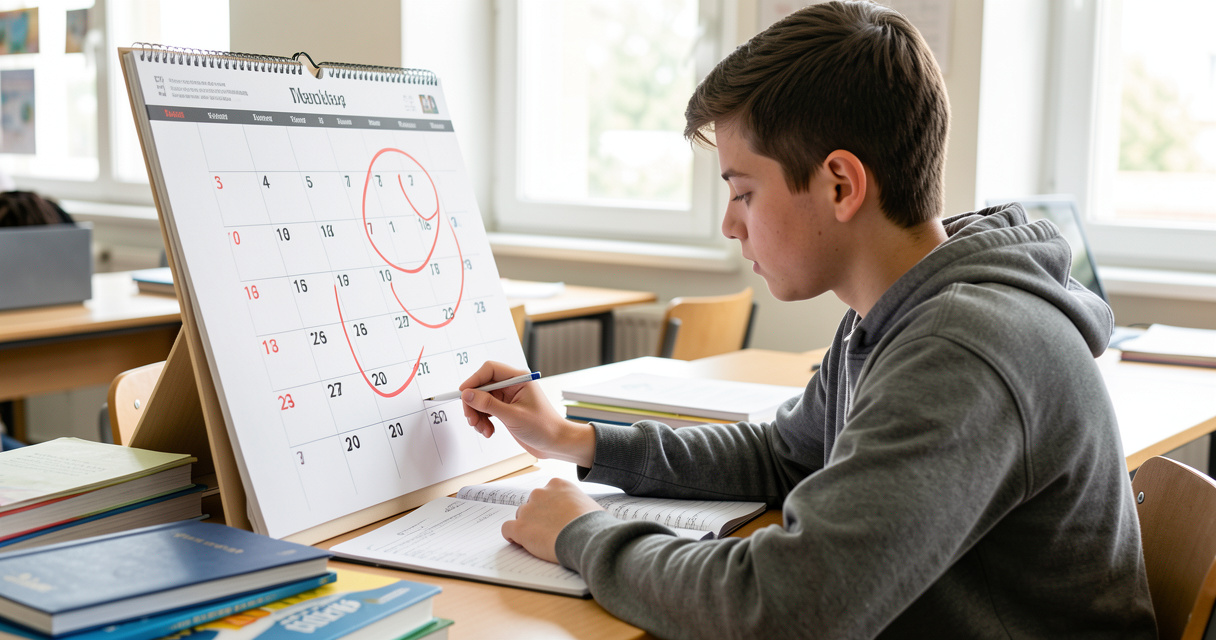 Calendrier du bac 2026 avec dates des épreuves de spécialité entourées en rouge sur un bureau d'étudiant