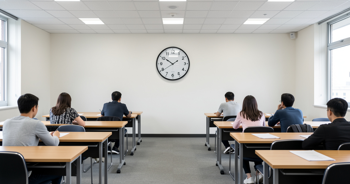 Salle d'examen du bac 2026 avec horloge murale et rangées de tables vides pour les épreuves de spécialité