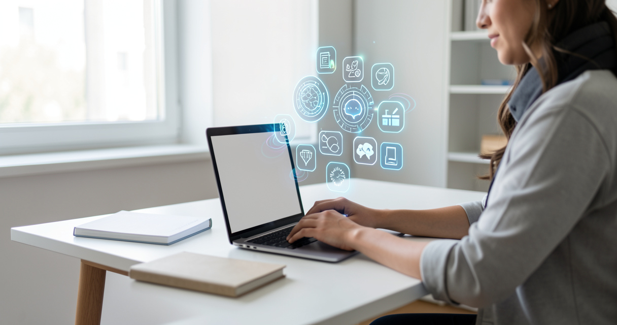 Personne apprenant l'intelligence artificielle avec un ordinateur portable et des icônes IA flottantes, image formation