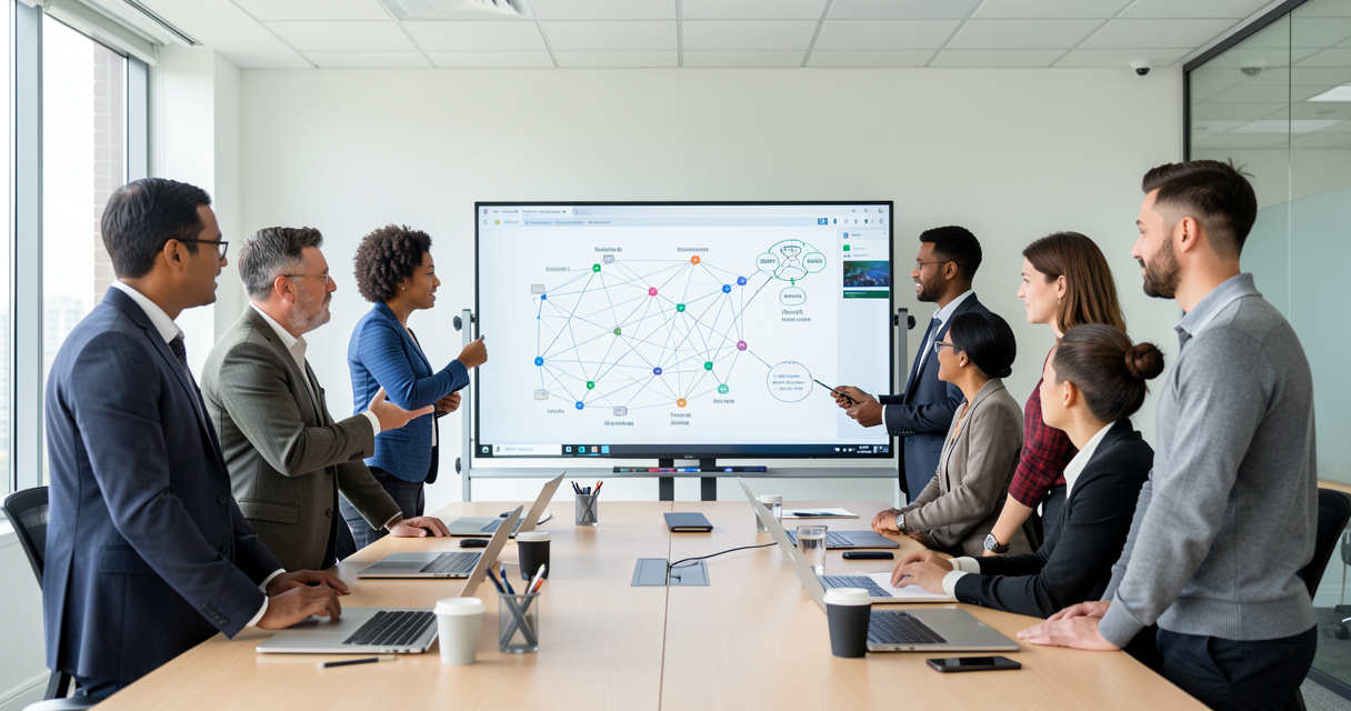 Groupe de professionnels en formation IA collaborant autour d'un tableau blanc numérique, illustration d'une formation d
