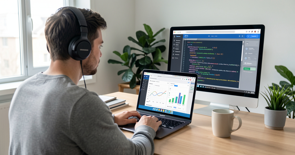 Personne suivant une formation IA en ligne sur son ordinateur dans un bureau moderne
