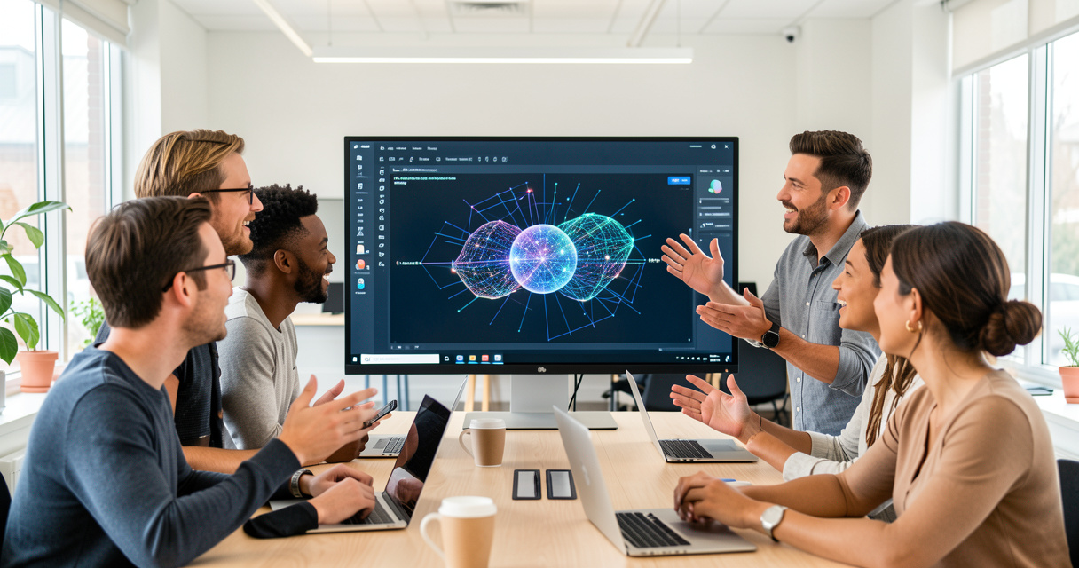 Groupe de professionnels collaborant sur un projet d'intelligence artificielle en coworking