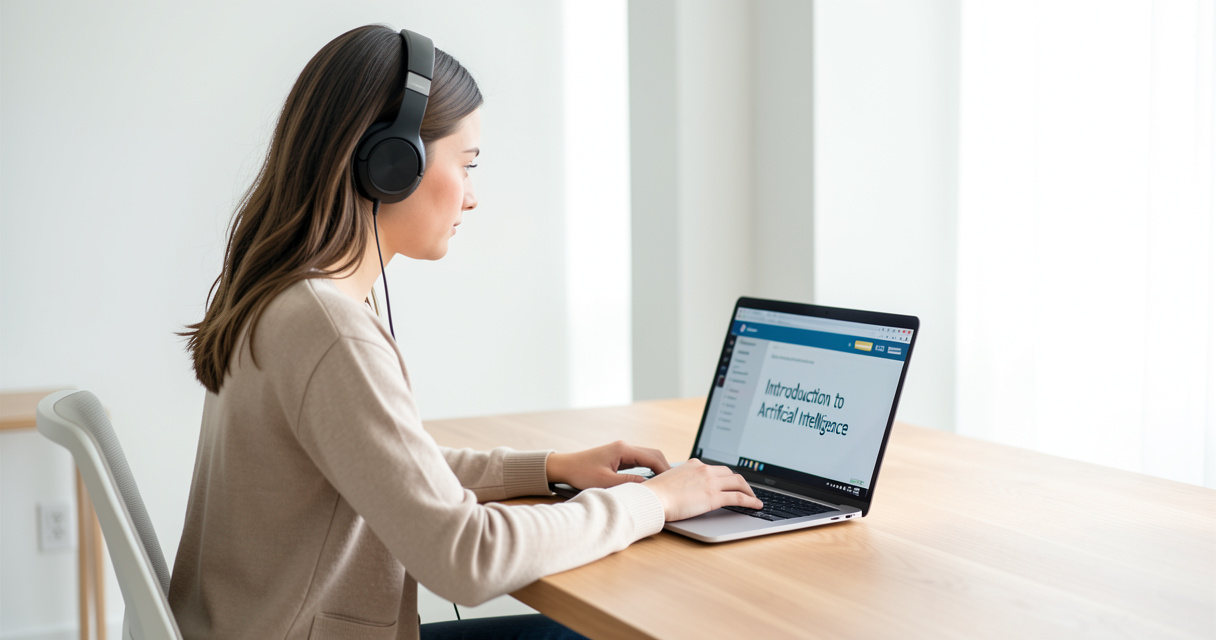 Jeune femme suivant un MOOC IA sur son ordinateur portable dans un intérieur lumineux