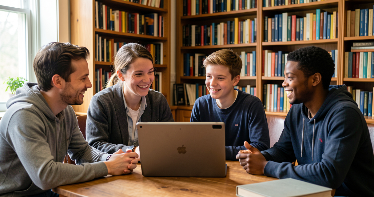 Groupe multi-générationnel apprenant l'intelligence artificielle sur tablette lors d'un atelier