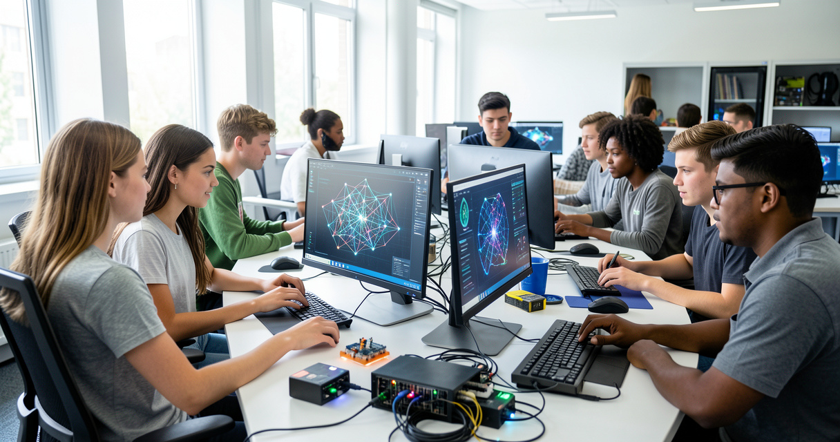 Étudiants en master intelligence artificielle travaillant sur des projets en laboratoire informatique