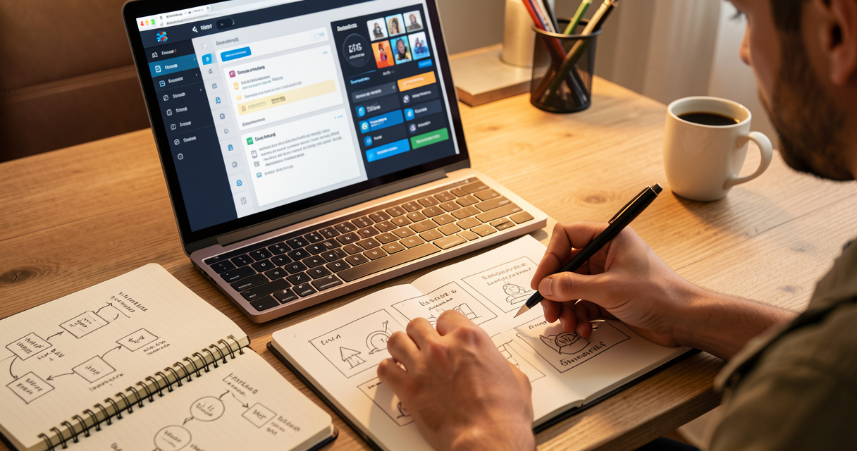 Ingénieur pédagogique concevant un parcours de formation sur un tableau interactif avec outils IA