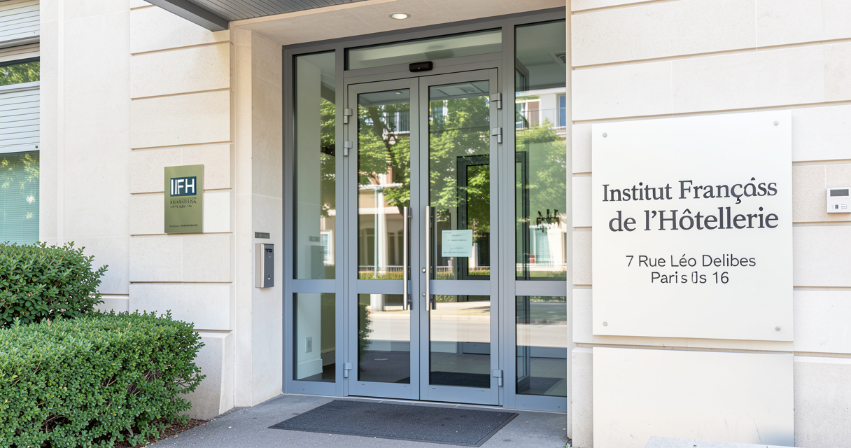 Façade de l'Institut Français de l'Hôtellerie à Paris 16e avec logo école hôtelière IFH