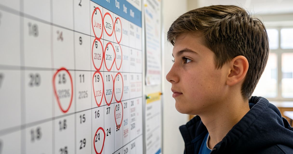 Élève de terminale consultant le calendrier du bac 2026 avec les dates entourées en rouge