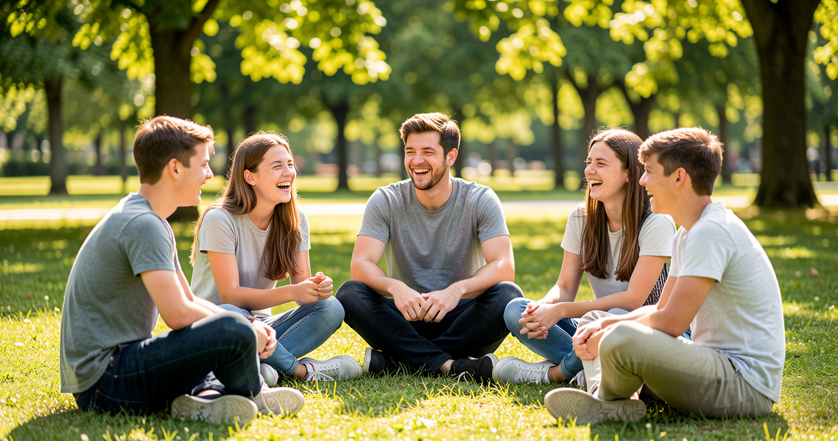Groupe de jeunes animateurs et animateurs BAFA discutant en plein air lors d'une formation
