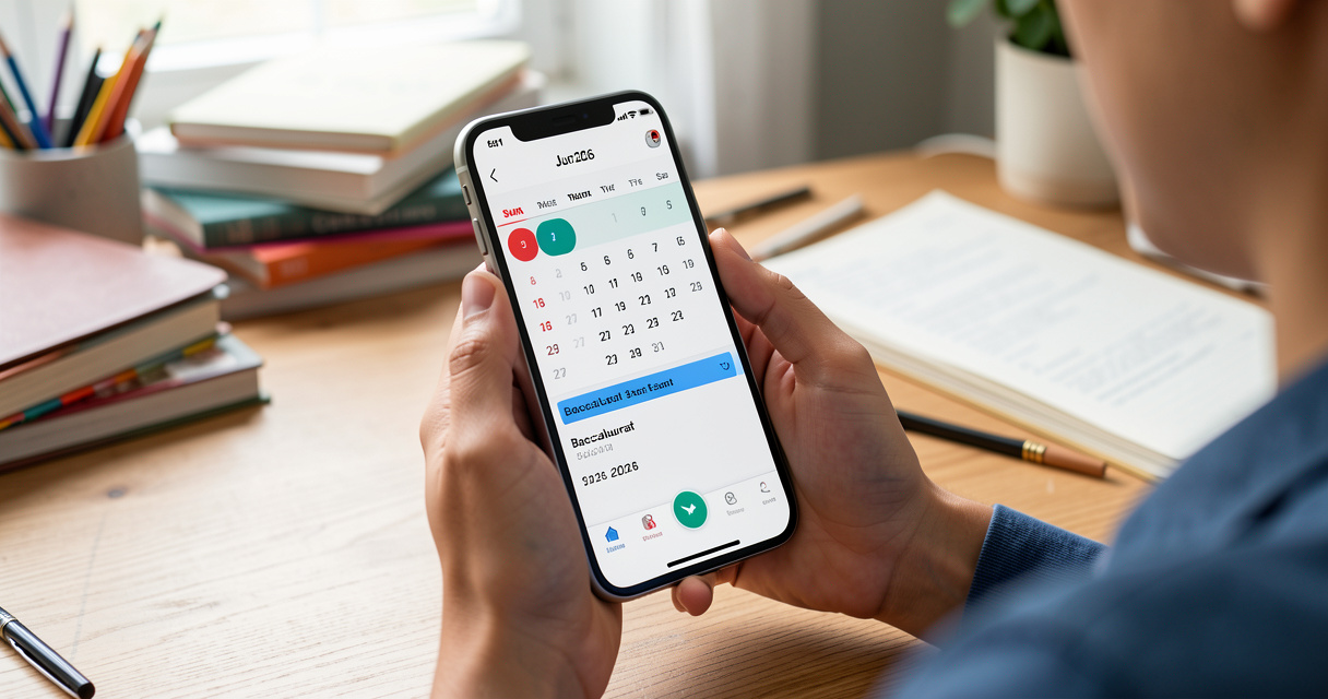 Étudiant consultant le calendrier du bac 2026 sur son téléphone