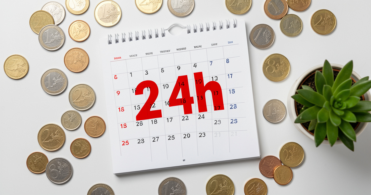 Calendrier avec mention 24 heures et pièces de monnaie pour illustrer le salaire temps partiel