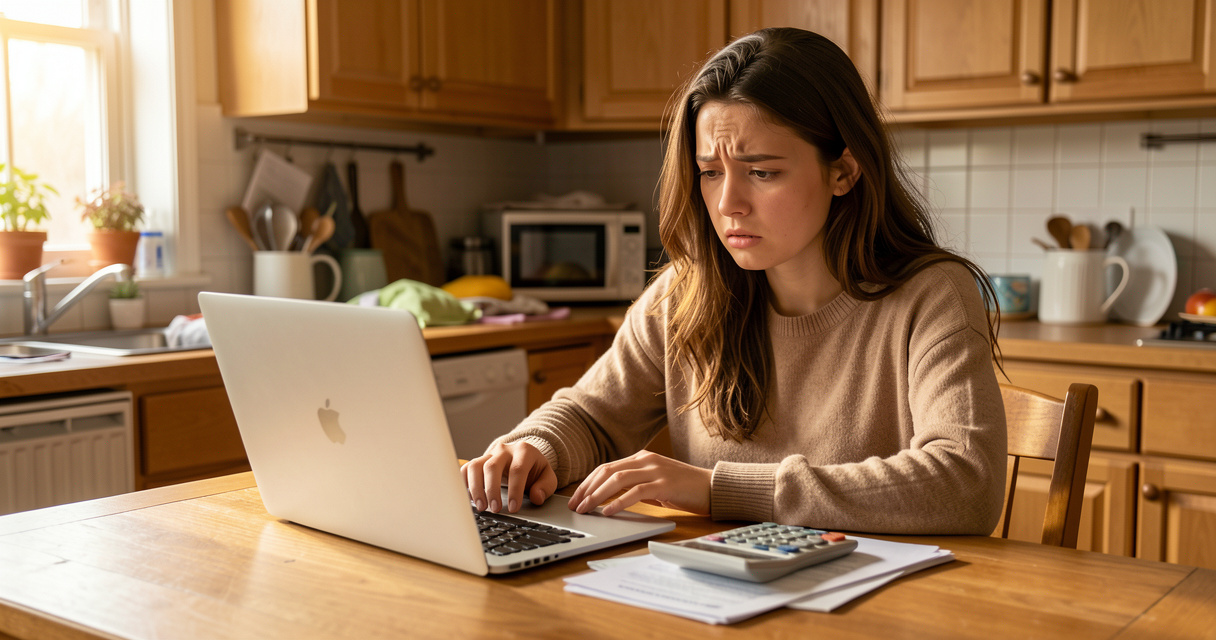 Jeune femme simulant ses droits aux aides sur son ordinateur chez elle sans chômage ni RSA