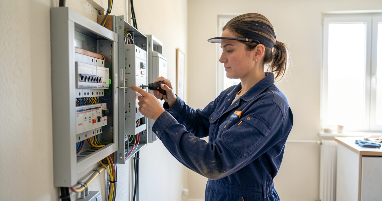 Femme électricienne en pleine intervention sur un tableau électrique métier bien payé pour femme sans diplôme