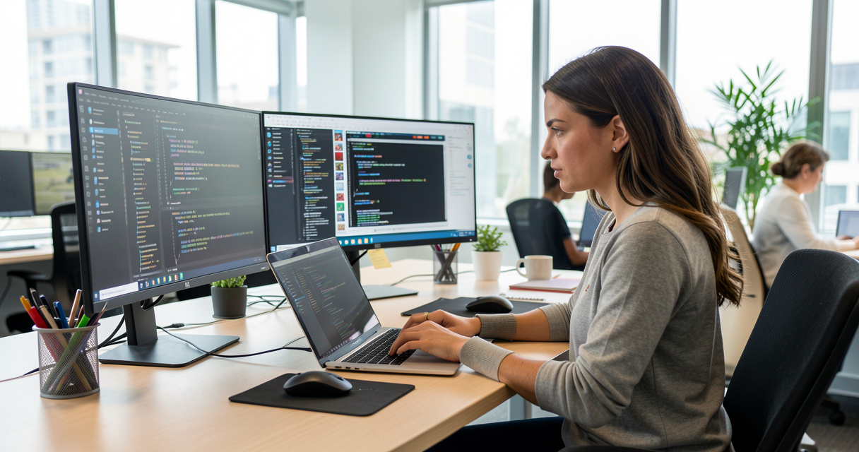 Femme développeuse web travaillant sur ordinateur métier numérique bien payé pour femme en 2026