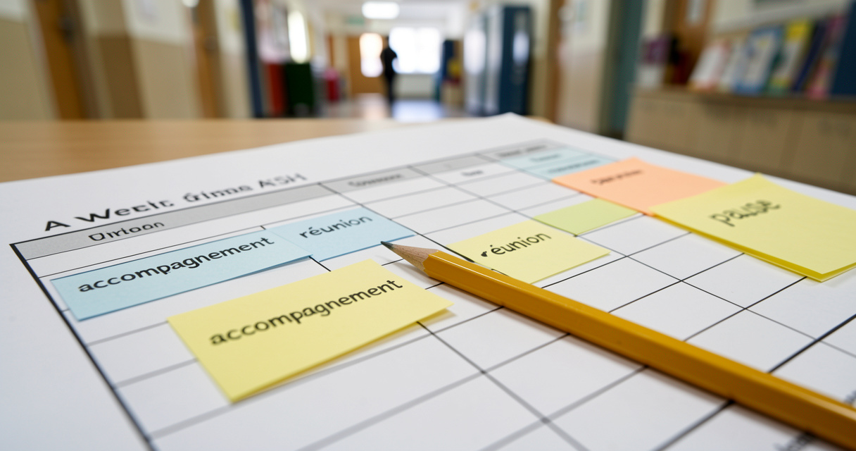 Exemple d'emploi du temps hebdomadaire AESH avec heures d'accompagnement et activités connexes