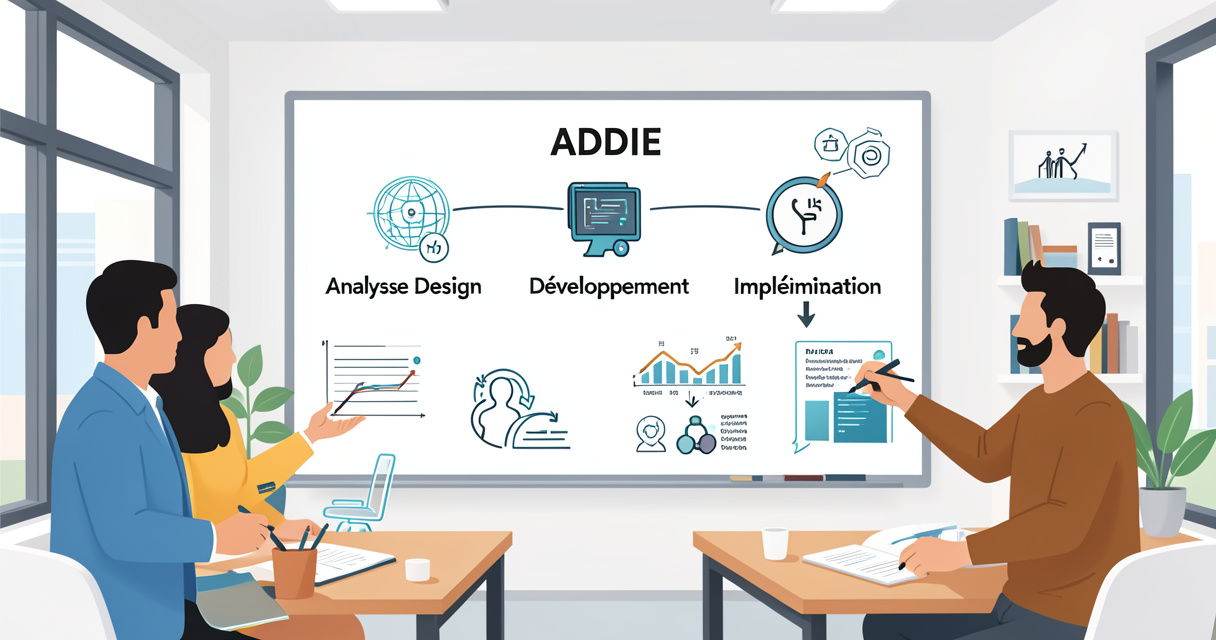 Équipe L&D utilisant la méthode ADDIE pour concevoir une formation professionnelle avec l’IA.