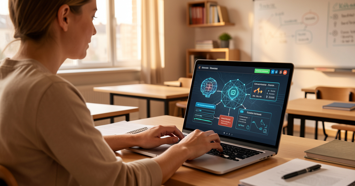 Formateur en ingénierie pédagogique travaillant sur un ordinateur portable avec interface d'intelligence artificielle
