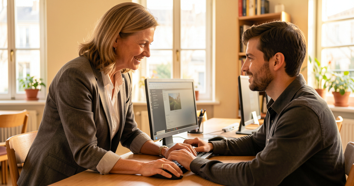 Formatrice GRETA accompagnant un apprenant adulte en reconversion professionnelle