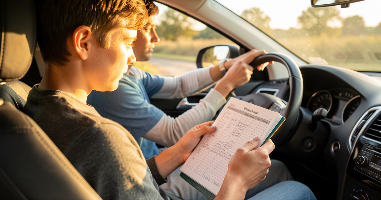 Accompagnateur inscrivant les kilomètres dans le carnet de suivi de conduite accompagnée