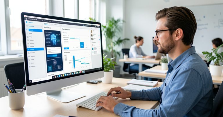 Un responsable formation consultant le catalogue CPF sur un ordinateur pour choisir une formation en intelligence artificielle