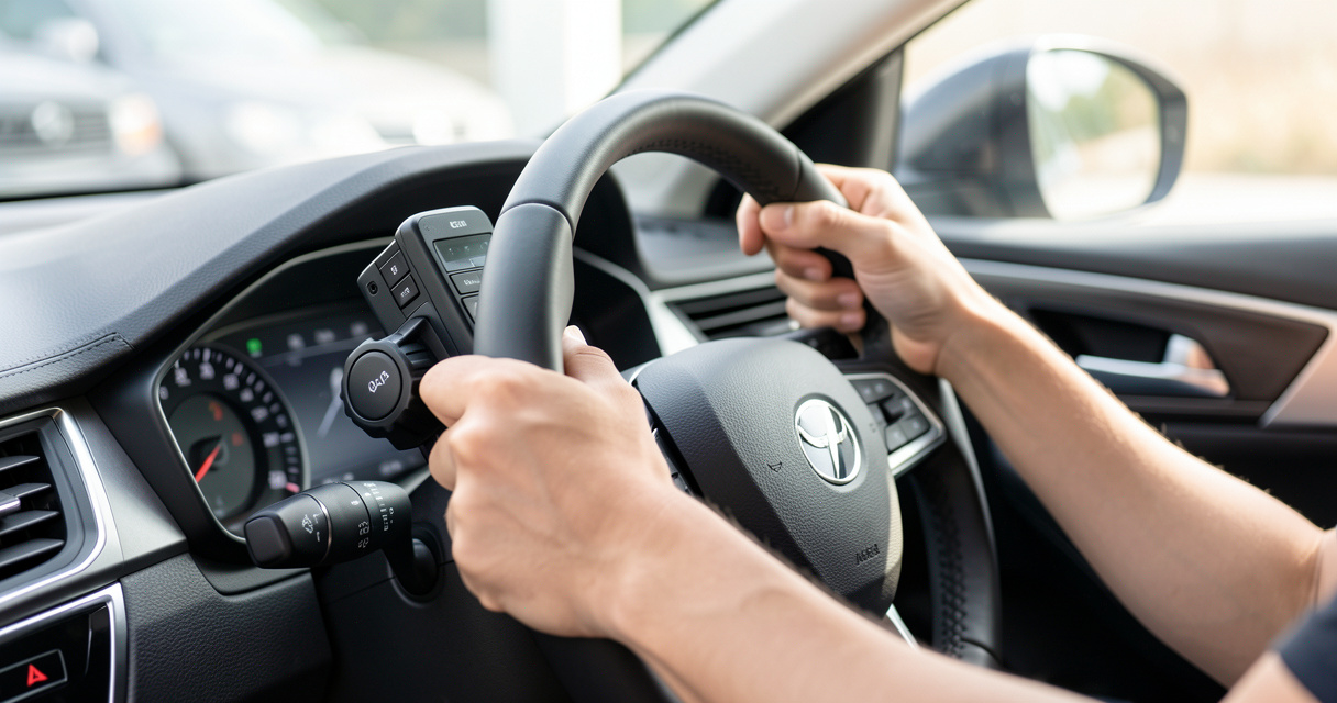 Mains sur un volant de voiture à boîte automatique avec commande adaptée
