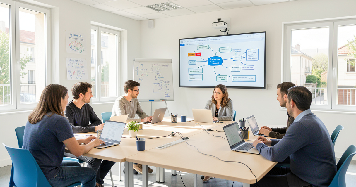 Formateurs professionnels et ingénieurs pédagogiques en atelier de conception de cours avec l'intelligence artificielle