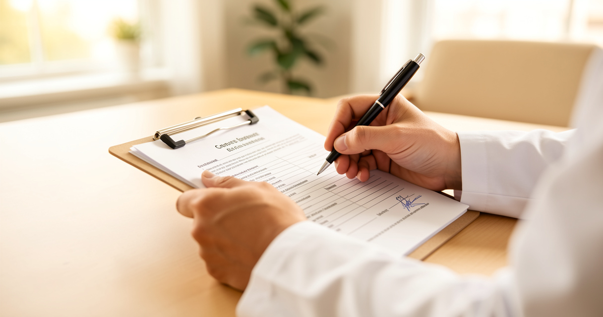 Médecin rédigeant un certificat médical final de guérison en cabinet